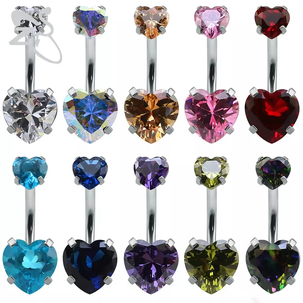 9 couleurs Double coeur Zicron bijoux en acier inoxydable barres de nombril argent nombril anneau nombril corps Piercing bijoux