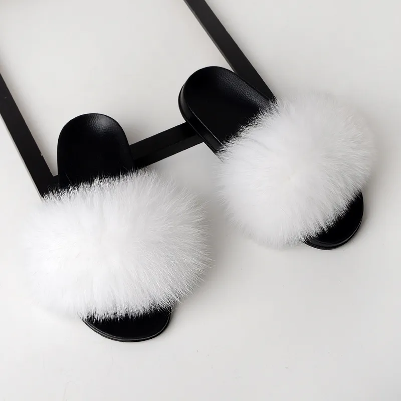 Hot Sale-Real Fox Fur Slippers Slides Skor Furry Fuffly Slipper Flip Flops Sandals Sliders Dra Sandal Sommarskor Kvinnor