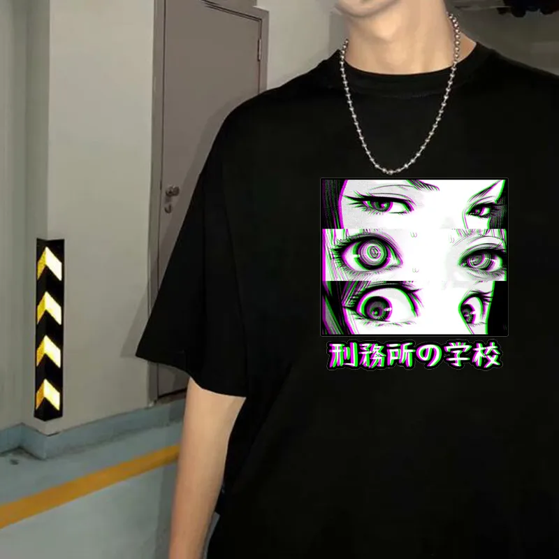 Prison école triste japonais fille yeux t-shirt hommes Anime bande dessinée Loli unisexe hauts Streetwear mode Harajuku Manga hommes t-shirts