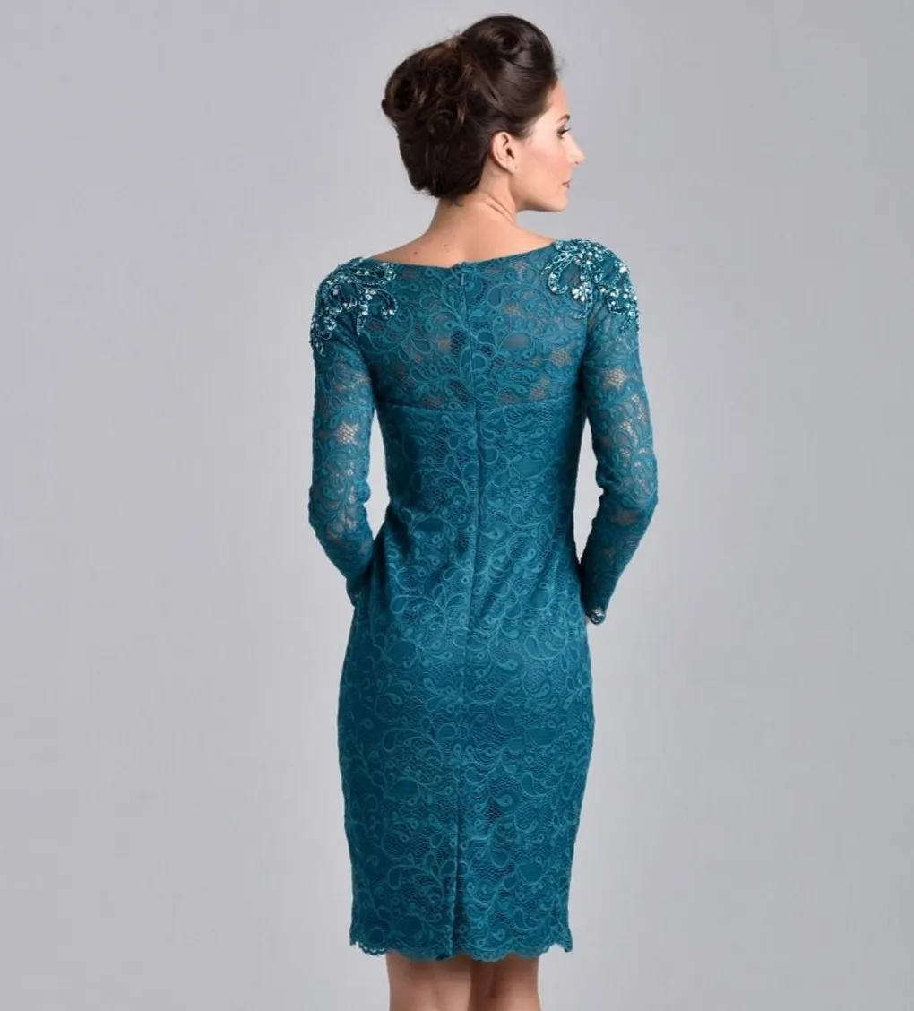 Teal Blue Lace Knee-Length Mother of the Bride homecoming suits with Long Sleeve Scoop Sheath - Formal Party Wear Teal Blue Lace Knee-Length Mother of the Bride homecoming suits with Long Sleeve Scoop Sheath - Formal Party Wear