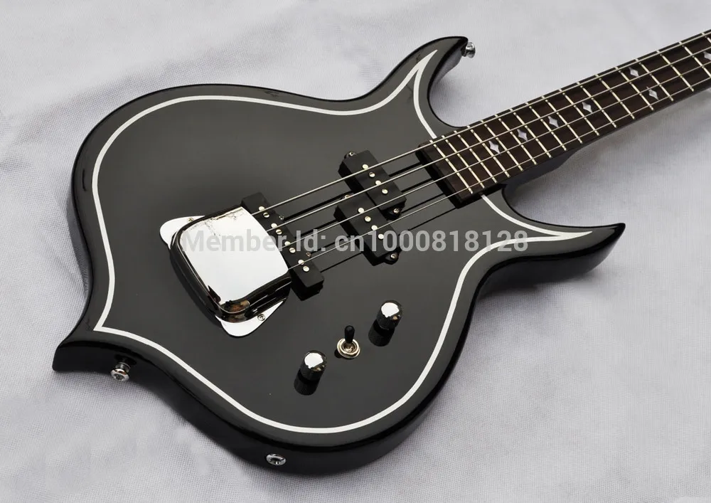 Befordran! KORT 4 Strängar Peach Shaped Guitar Genesimmons Black Ax Electric Bass Guitar Big Chrome Bridge Cover, Diamond Inlay