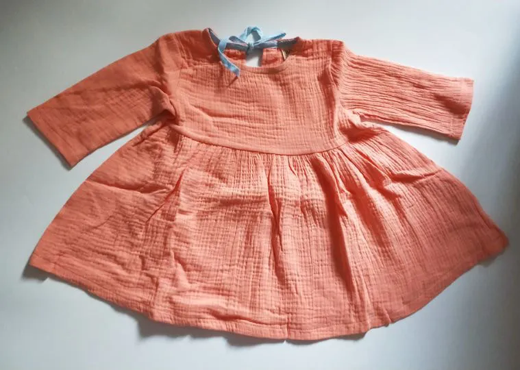 Frühling Herbst Mädchen Kleid Baby Kinder Langarm Lace Up Weiche 100% Baumwolle Kleid Kinder Prinzessin Casual Kleider Rosa-orange 13406
