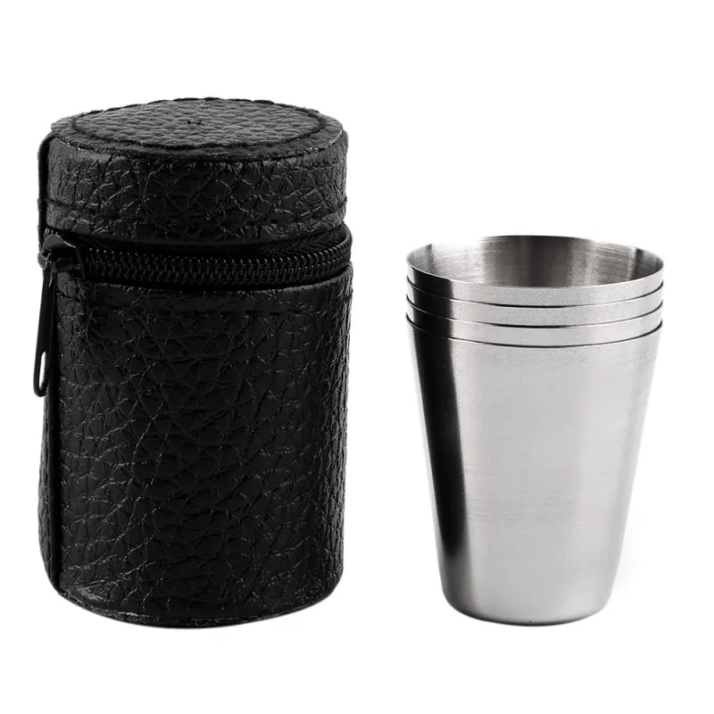 Stainless Steel Tumbler Cover Mug Sets 30ML Portable Camping Hiking Folding Tea Coffee Beer Cup 4Pcs / Set