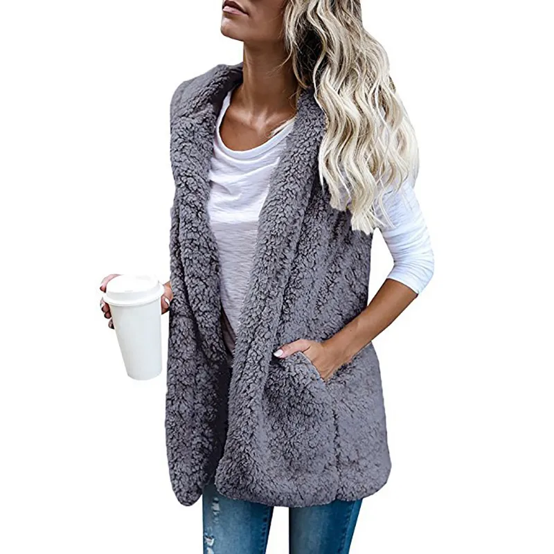 2019 New Women Spring Autumn Plush Hooded Vest Lady Fashion Casual Sleeveless Coats Pockets Cardigan Outerwear Size S-XL 6Q2240