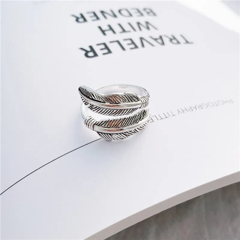 S1015 Fashion Jewelry S925 Sterling Sliver Ring Cat Vintage Feather Open Finger Ring