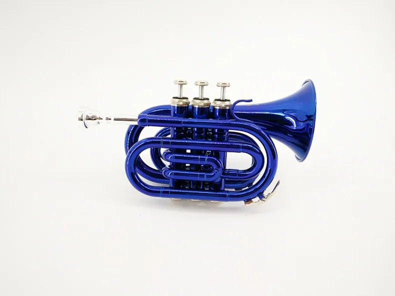 Top Quality Blue Nickel Gold Pocket Trumpet B-Flat horn Large bell 2 Mouthpiece with Case free shipping