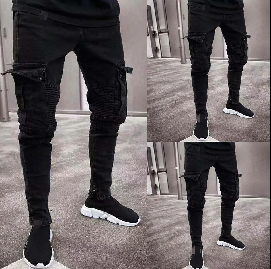 2019 Fashion Black Jean Men Denim Skinny Biker Jeans Destroyed Frayed Slim Fit Pocket Cargo Pencil Pants Plus Size S-3XL