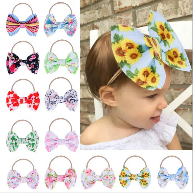 Baby Headband Sunflower Floral Floral Cópia Big Bow Turbante Meninas Nylon Elástico Headband Flower Flower Headwrap Faixa de cabelo Acessórios D6243