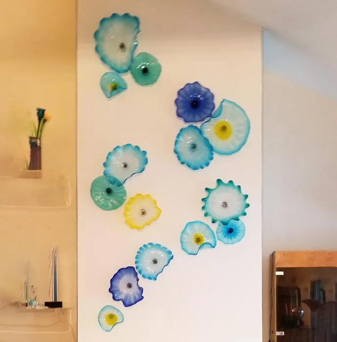 Moderne Murano Bloem Platen Wall Art Blauwe Schaduw Art Decoratie 100% Handgeblazen Glas Opknoping Platen Wall Art met Sint-Kalloprand