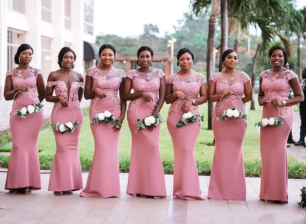 South African Nigeria Pink Mermaid Bridesmaids Dresses Plus Size Sheer Neck  Lace Appliques Floor Length Wedding Guest Dress