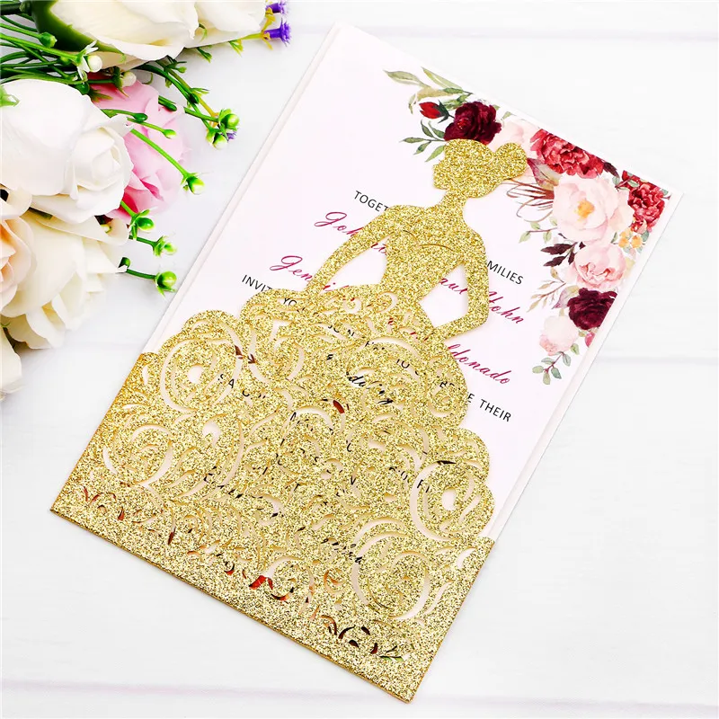 Nieuwe Collectie Goud Glitter Laser Cut Luxe Prinses Uitnodigingen Kaarten voor Verjaardag Sweet 15 Quinceanera, Sweet 16th Engagement Uitnodigingen