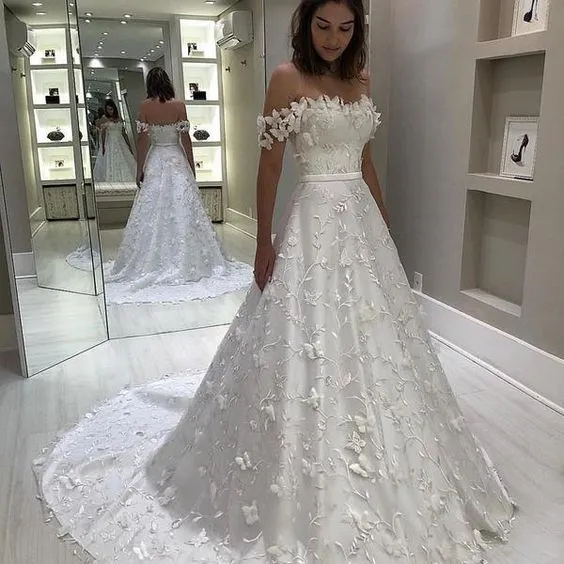 Farfalla Costosi abiti da sposa in pizzo floreale A-line con spalle scoperte Nastro aperto sul retro Robes De Mari￩e Festa nuziale Abito taglie forti Donna