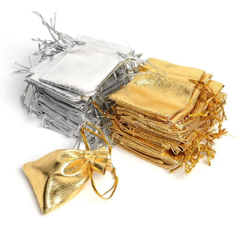 100 PCS Silver y Gold Organza Bolsas con la fiesta de cordón Favor de la boda Bolsas de regalo Pendientes de caramelo Joyería