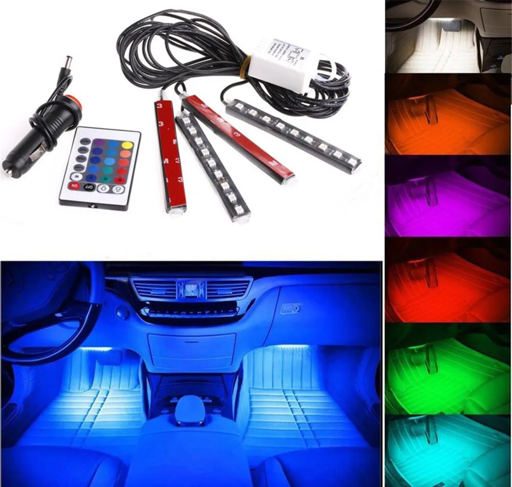 DHL20 sets 12V estilismo de carro flexível RGB LED tira luz atmosfera decoração lâmpada carro interior luz de néon com isqueiro do controlador