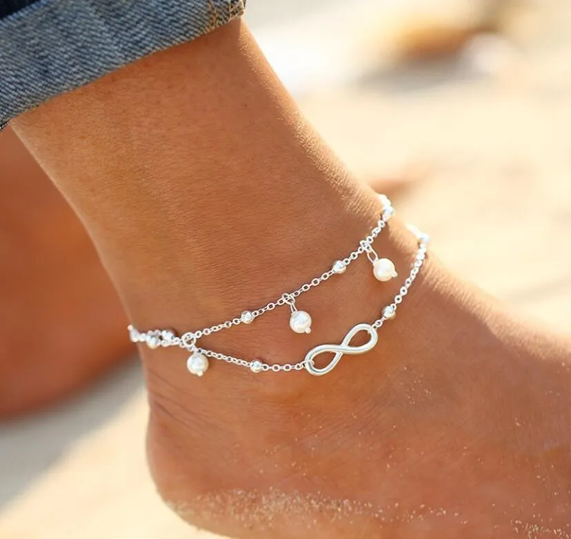 High quality Lady Double 925 Sterling silver Plated Chain Ankle Anklet Bracelet Sexy Barefoot Sandal Beach Foot Jewelry Epacket free ship