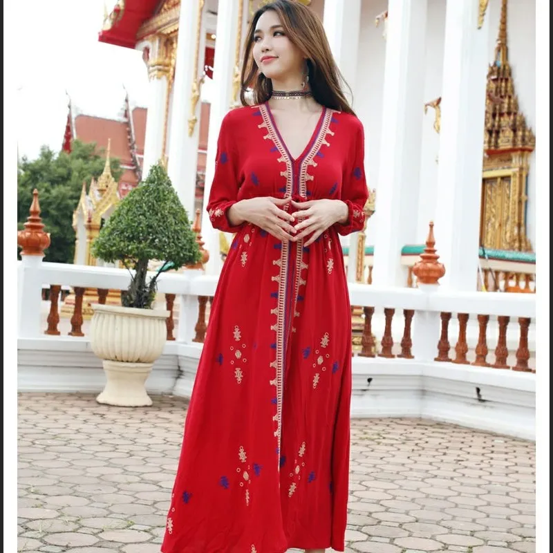 Neues Sari Indien Stil Kostüm Baumwolle Thailand Damen Robe Indisches Top Lange Bluse Nationaler Stil besticktes Kleid orientalische ethnische Kleidung