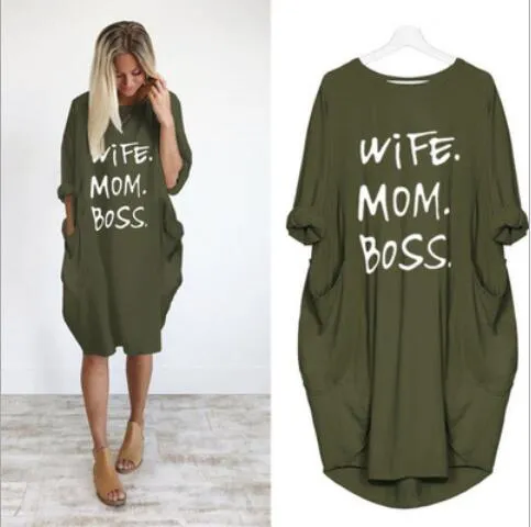 Newest Summer Women Letter Printed Dresses Fashion Crew Neck Panelled Ladies Dresses Casual Loose Long Sleeve Apparel