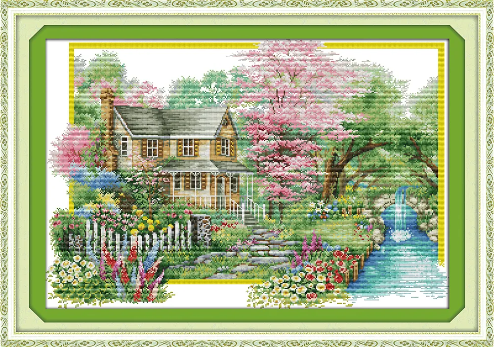 Flowers villa home decor painting ,Handmade Cross Stitch Embroidery Needlework sets counted print on canvas DMC 14CT /11CT