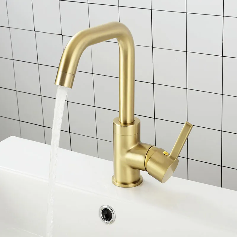Escovado Ouro Latão bacia banheiro torneira único punho único furo Deck Montado Hot Cold Water Tap Mixer