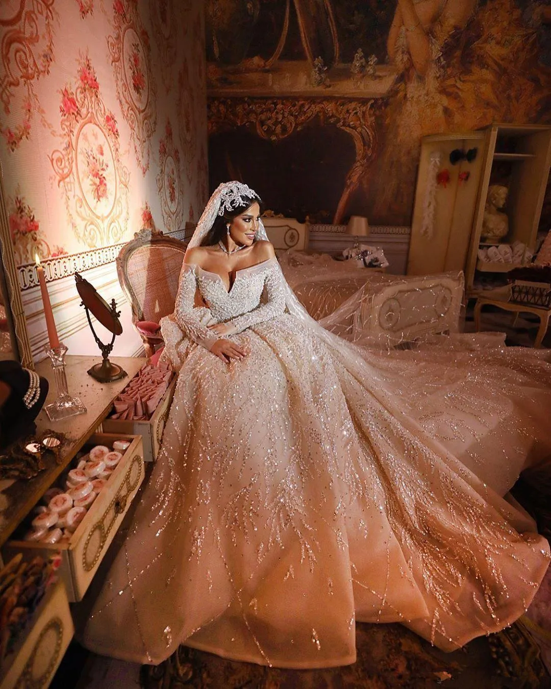 arabic wedding dress Muslim Emerald Green Juliet Sleeve Bridal Henna Ball Gown 44