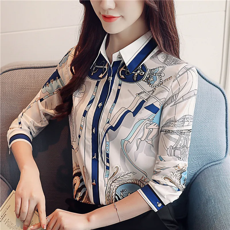 Camicette da donna Camicette Stampa Camicetta di chiffon Donna Manica lunga 2021 Kimono coreano Cardigan Lavoro d'ufficio Top da donna e