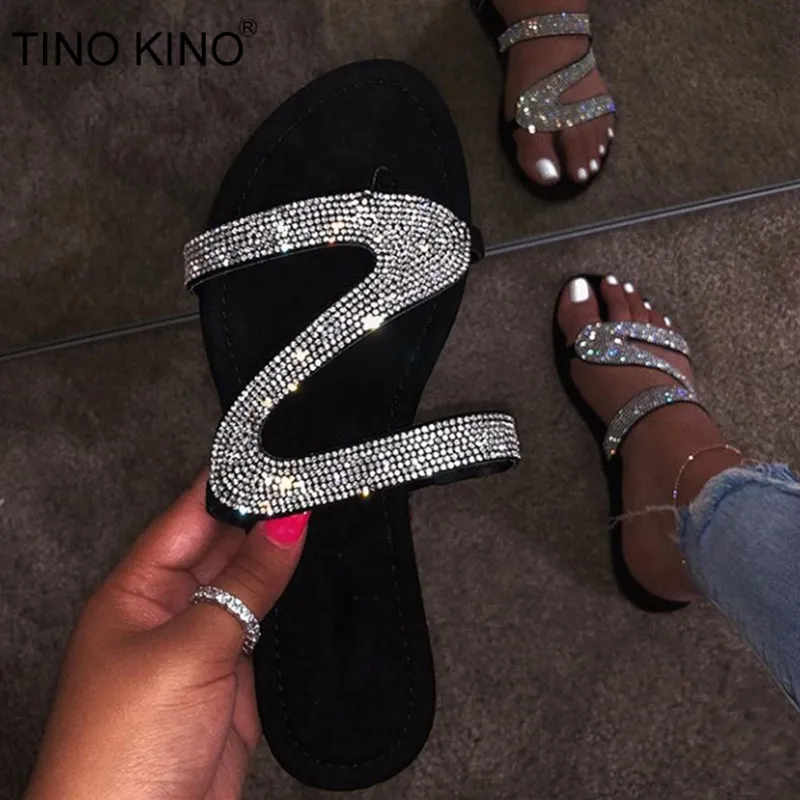 Tino Kino Women Crystal Bling Otwarte palce kapcie poślizgną się na płaskiej kobiecej kobiecej na zewnątrz klapki swobodne slajdy moda letnie buty plażowe