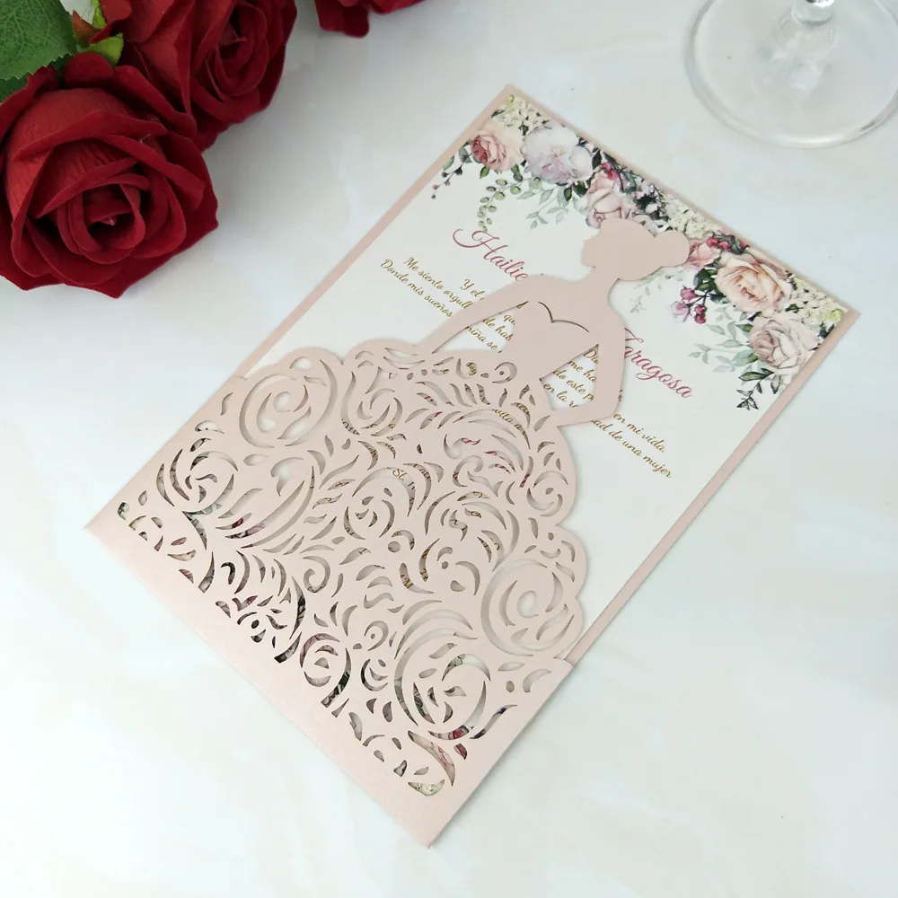 Glush rose fleur impression fille quinceanera invitations avec enveloppe, 20 + couleur princesse brillante doux quinze ans de fête d'anniversaire invite