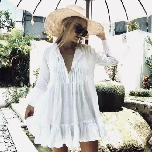 2019 Yeni Kadın Beyaz Uzun Kollu Tatlı Tatil Ruffles Bikini Kapak Up Mayo Mayo Yaz Plaj Gevşek Bluz Gömlek Elbise