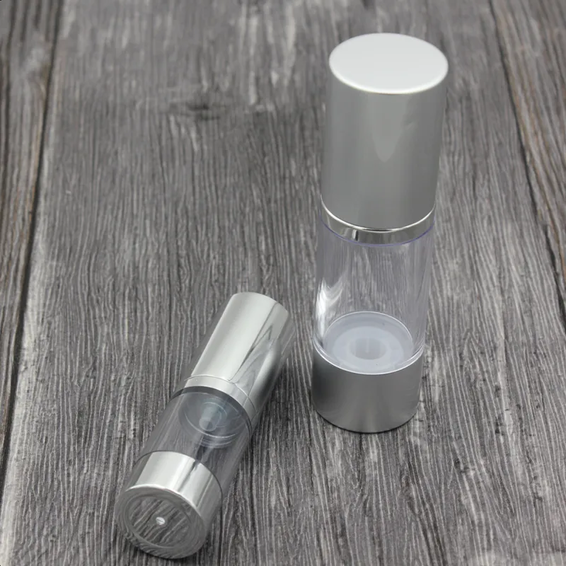 Botella sin aire cosmética vacía de plata 15ml 30ml 50ml Botellas de bomba de plástico recargables portátiles para esencia de loción líquida