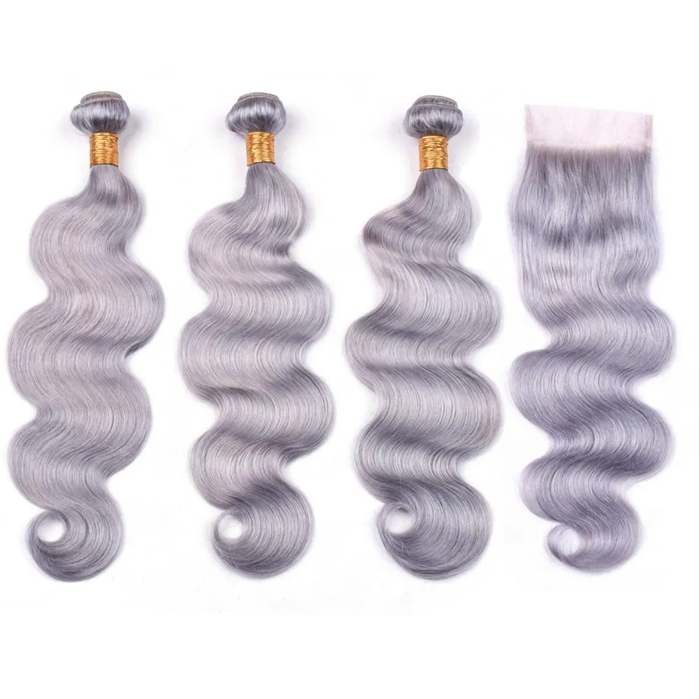 Grey Color Body Wave Human Hair Bundles with Closure Silver Grey Wavy Indian Virgin Hair Weave Bundles with Lace Front Closure 4x4