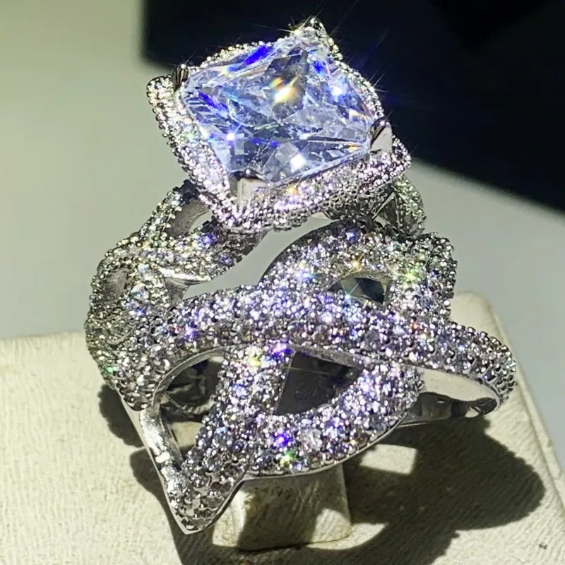 US Maat 5-10 Hip Hop Vintage Mode-sieraden 925 Sterling Zilveren Paar Ringen Princess Cut White Topaz CZ Diamond Wedding Bridal Ring Set