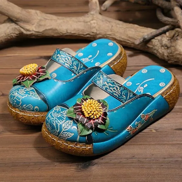 Socofy vintage colorful leather hollow out sales backless flower shoes