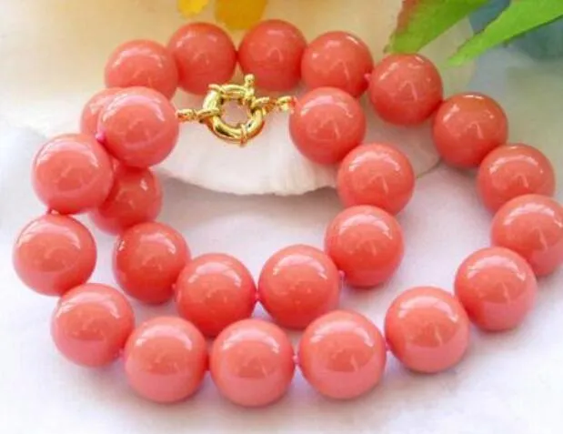 TRANSPORTE LIVRE + 12 milímetros Coral Pink Shell pérola de jóias rodada colar 17 ''