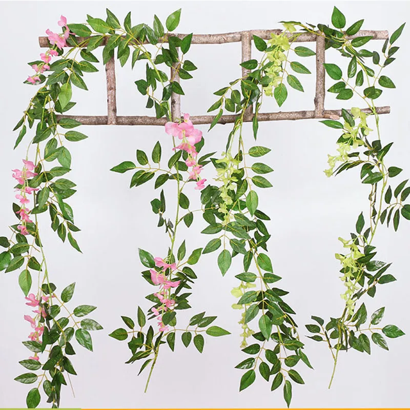 4 stks / partij 2M Kunstmatige Wisteria Bloem String Hangende Plant Vine Winding Bean Bloem Rotan Bruiloft Achtergrond Home Decor Rotan