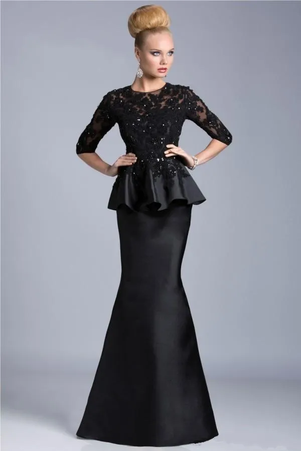 Mother Of The Bride Dresses Mermaid Jewel Neck 3 4 Sleeves Lace Appliques Beaded Peplum Plus Size Party Dress Black Evening Gowns276F