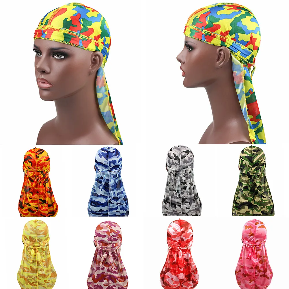 Mode Pirathatt Vågor Rags Camo Mäns Silky Durags Turban Print Unisex Silk Durag Headwear Bandans Headband Hair Tillbehör