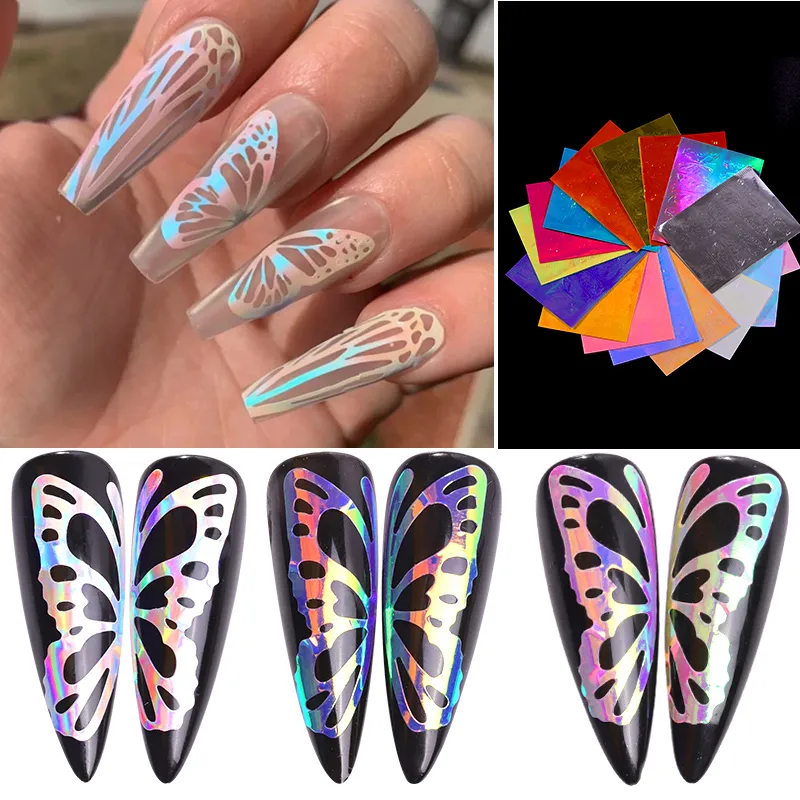 16 stks / partij Laser Kleurrijke Nail Art Sticker 3D Butterfly Fire Flame Blad Holografische Nagels Folie Stickers Decals DIY Glitter Decoraties