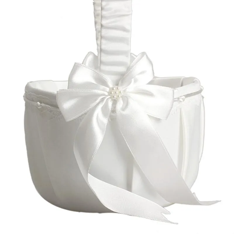 Satin Bröllopsdekoration Elfenben Bow Love Case Flower Girl Basket For Wedding Ceremony Party Home3720017