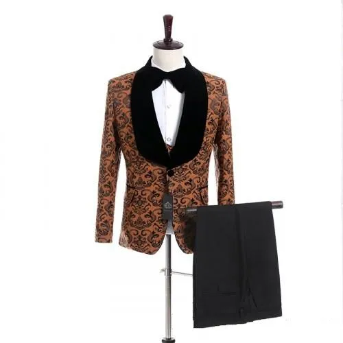 Paisley-Bräutigam-Smoking, One-Button-Side-Vent-Mann-Blazer, ausgezeichnete Herren-Business-Party-Abschlussball-Anzüge (Jacke + Hose + Weste + Fliege) J639