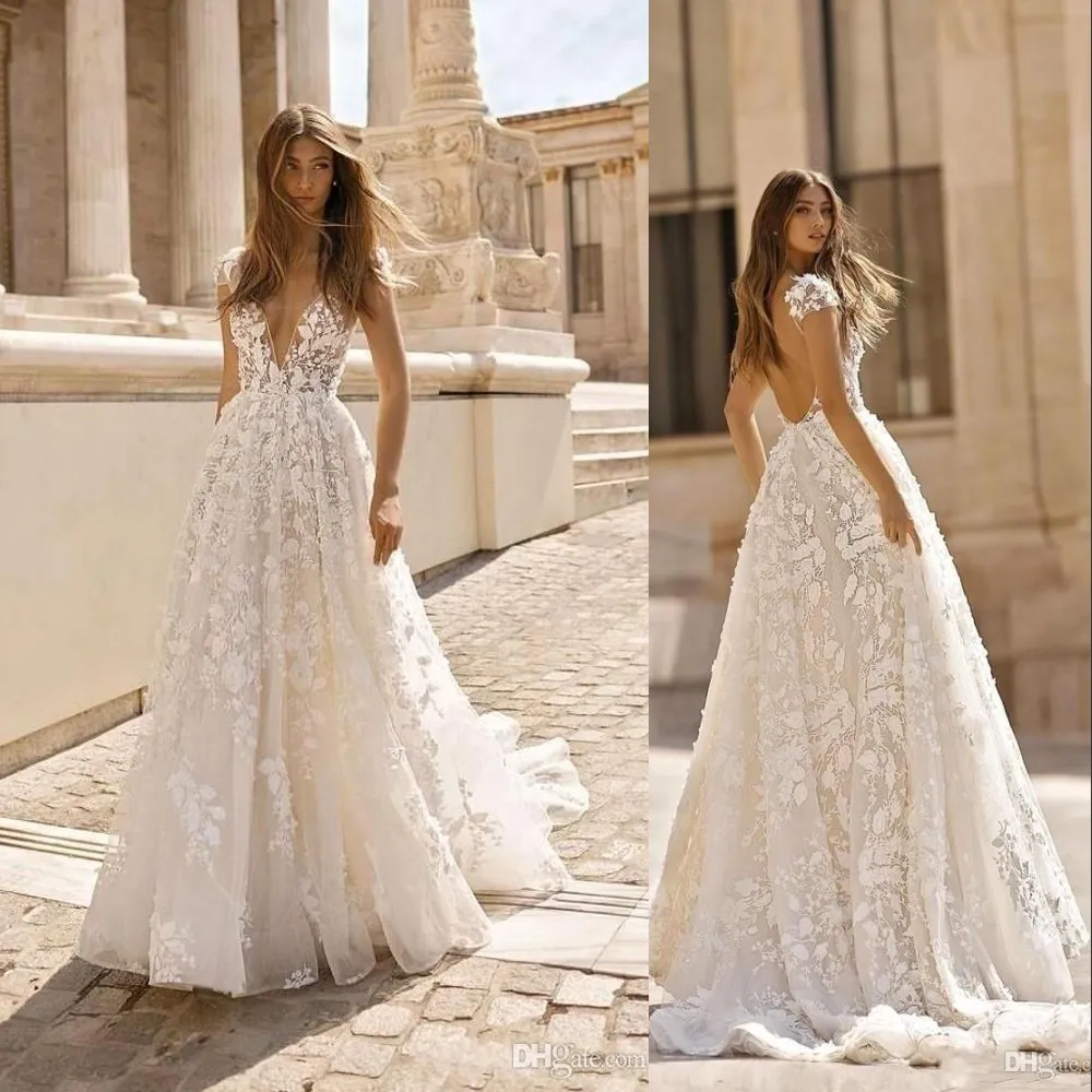 New A Line Wedding Dresses V Neck Full Lace Appliques Sheer Flowers Backless Sweep Train Garden Boho Summer Plus Size Bridal Gowns Custom