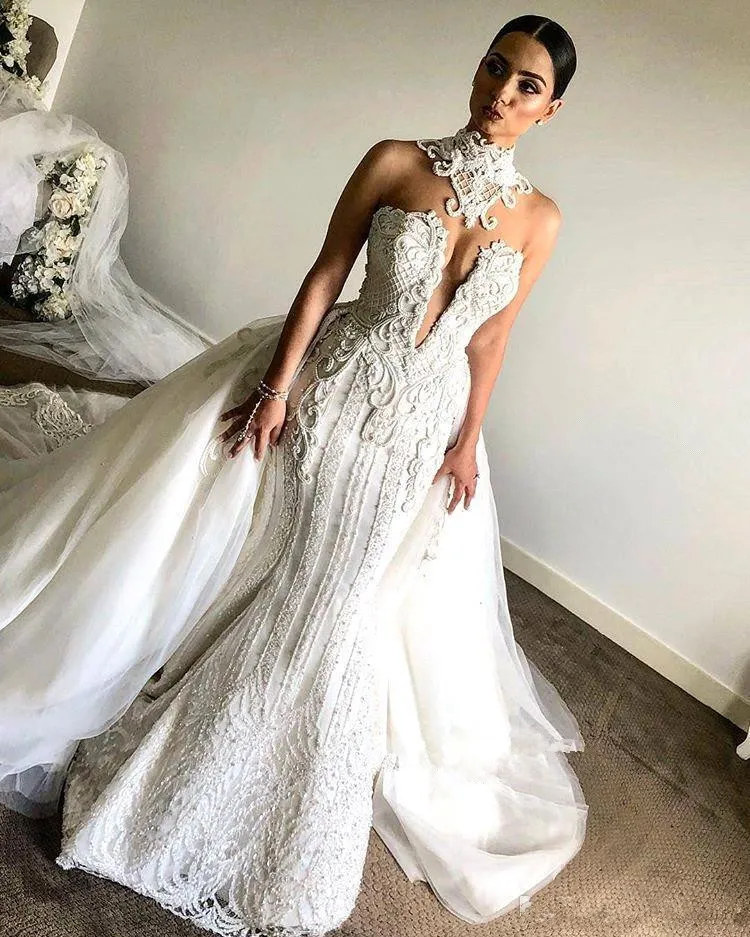 Fabuleuse dentelle robes de mariée sirène avec jupes 2019 col haut perlé grande taille robes de mariée robe de mariée arabe saoudienne personnalisée