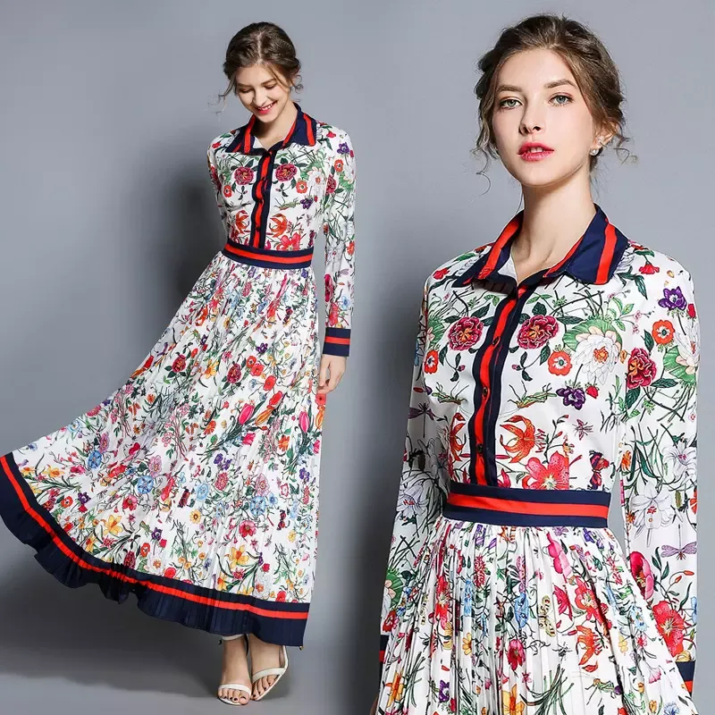 2018 autumn woman's dress solid color Slim vestido women dress Vintage print long sleeve Pleated waist