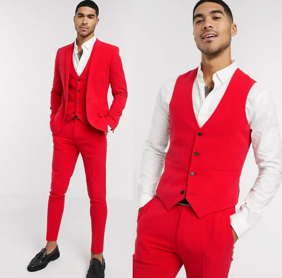 Brand New Red Groom Tuxedos Notch Lapel Side Vent Groomsman Wedding 3 szt. Garnitur Popularne Mężczyźni Kurtka Business Blazer (Kurtka + Spodnie + Kamizelka)