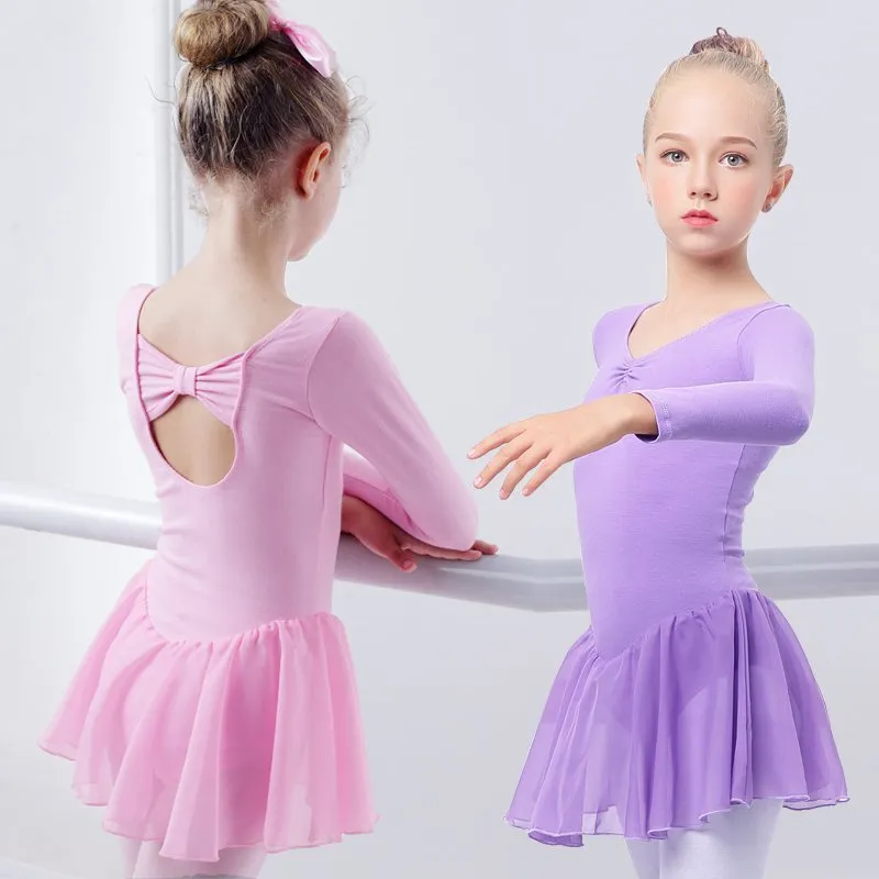 Atacado Crianças Meninas Ballet Vestido de Ginástica Collant Skirted Roupas de Dança Desgaste Mangas Compridas Mangas Compridas Com Chiffon Saias