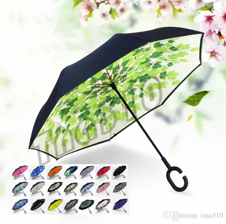 Nova prova de vento reverso Umbrella Folding Double Layer invertido Chuva Umbrella Auto suporte mãos Inside Out Chuva Protecção C do gancho 69 estilo I478