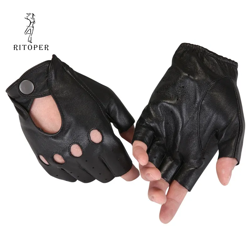 RITOPER Genuine Leather Semi-Fingers Gloves Male Breathable Hole Thin Style Men Half-Finger Lambskin Gloves Driving Fishing 2018
