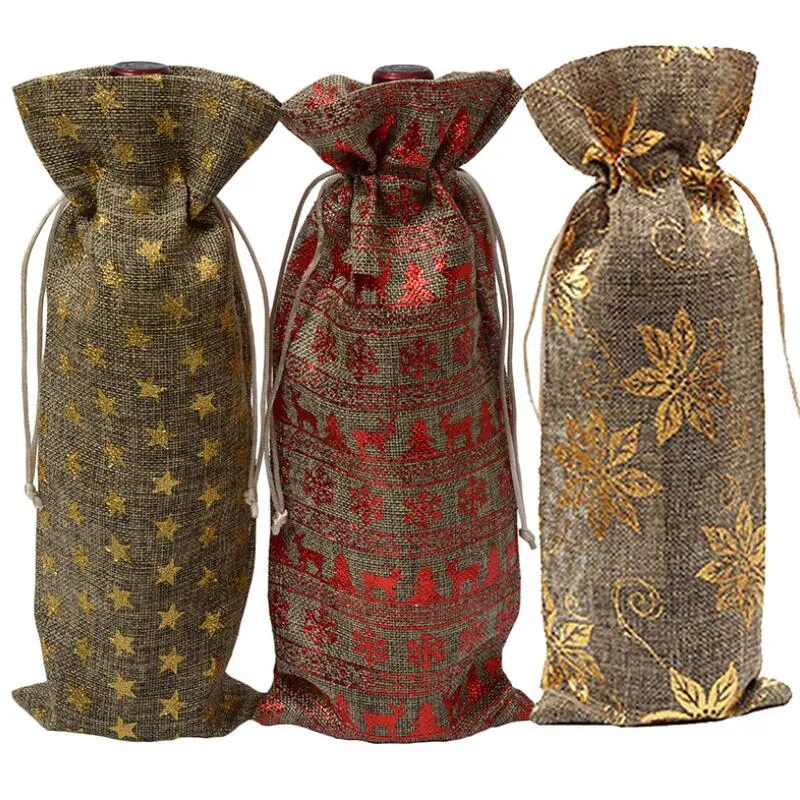 Jute Wine Bottle Bag Covers Champagne Wine Blind Packaging Gift Bags Rustic Hessian Christmas Wedding Dinner Table Decorate LX8649