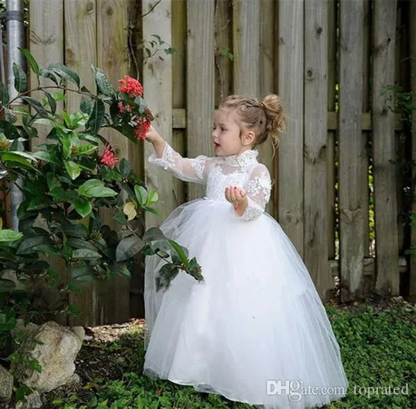 Goedkope kant wit ivoor mooie prinses bloem meisje jurken hoge hals hoge nek 3/4 lange mouwen illusion tule tiered rokken verjaardag jassen