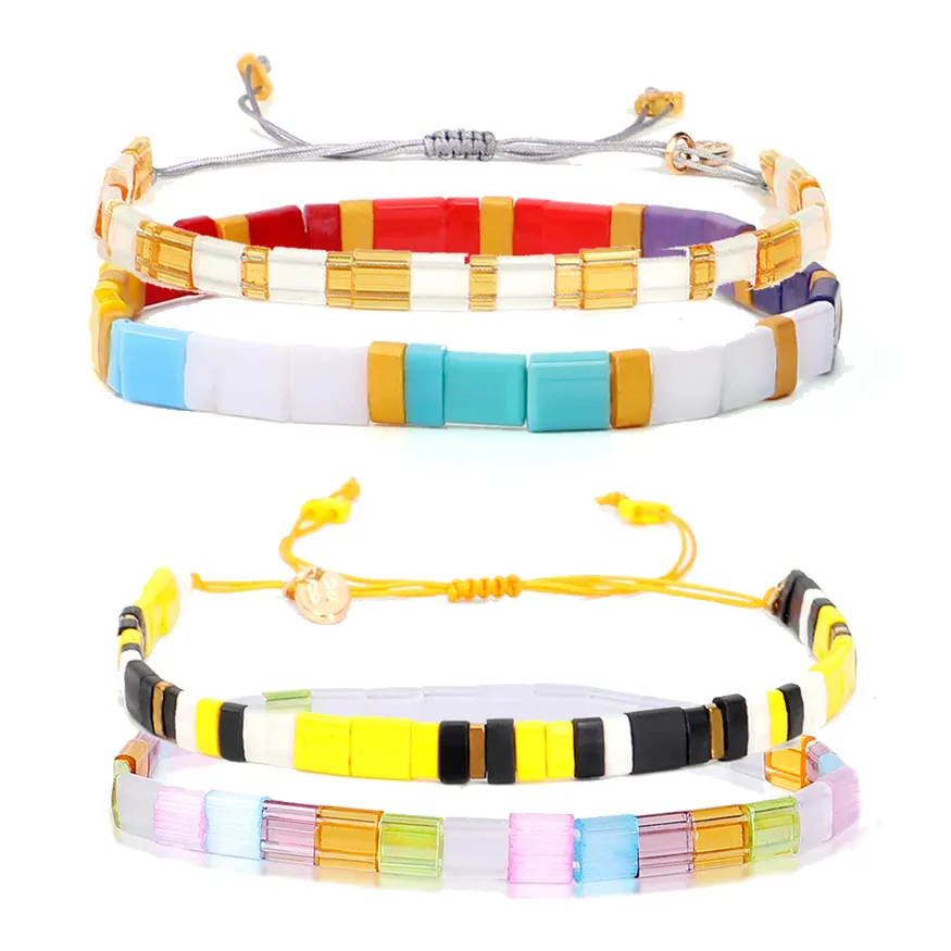 Fashion-2 Pcs Colorful Miyuki Tila Tile Glass Seed Beads Lovers Bracelets Boho Adjustable Wristband Jewelry Gifts For Women Girls 194K