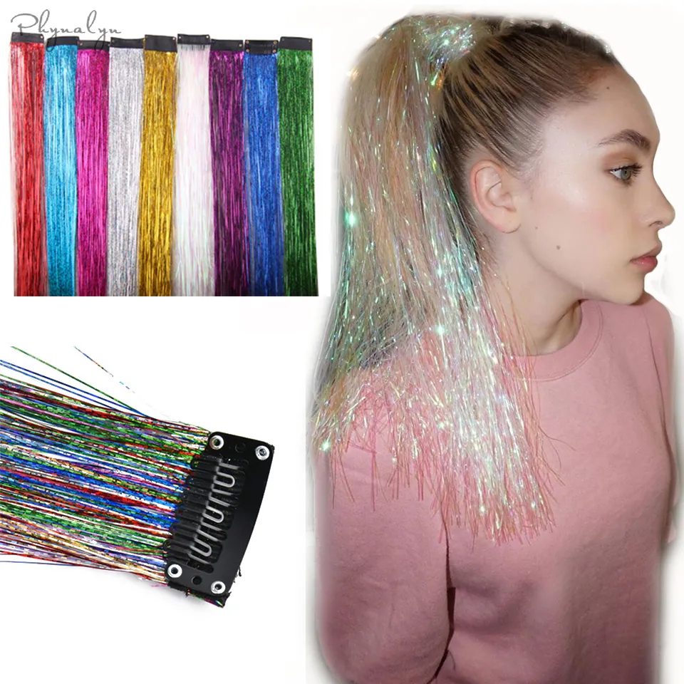 Glitter Hair Extensions Sparkle Hair Tinsel with Clip Highlights False Strands 1pc Clip In Bling2590343